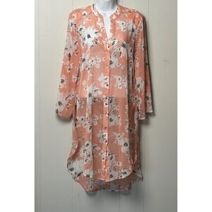 Lipslide Floral Button Up Tunic Top Peach Chiffon High Low Long Sleeve Sz Medium